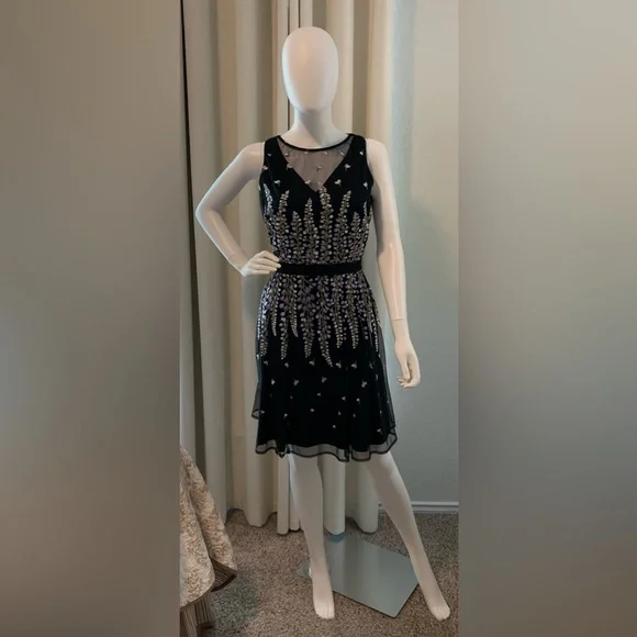 loose fitting dresses for women Floral Embroidered Sequin Mesh Evening Dress in Black – SOUR FIGS main image 1